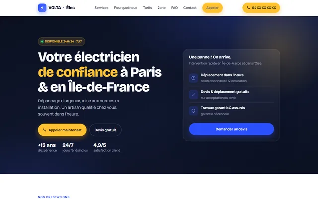 Maquette de site pour électricien : Volta Élec (entreprise fictive)