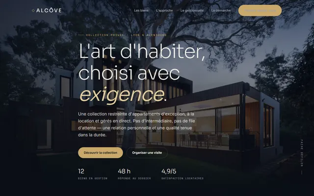 Maquette de site pour agence immobilière : Alcôve (entreprise fictive)